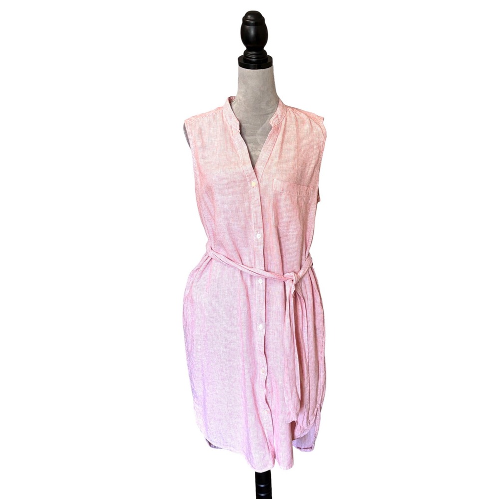 Gap‎ Red Striped Linen Blend Sleeveless Button Front Midi Dress w/Belt SZ Large